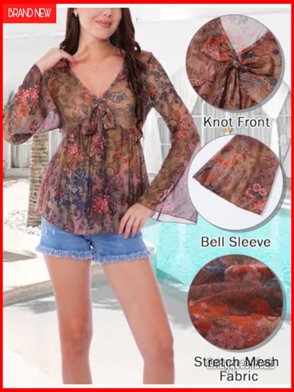 Bell Sleeve Boho Peplum Mesh V Neck Blouse Tie Front Vacation Top - Picture 5 of 6